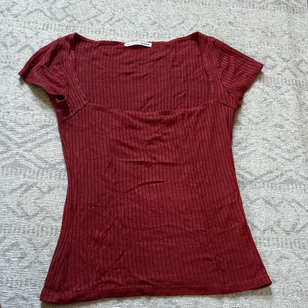 Reformation Deep Red Ribbed Short Sleeve Top